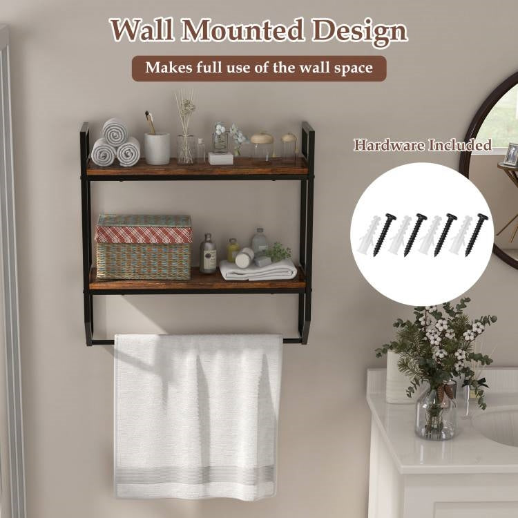 Wall Mounted Over Toilet 2-Shelf Bathroom Shelving Unit with Towel Bar