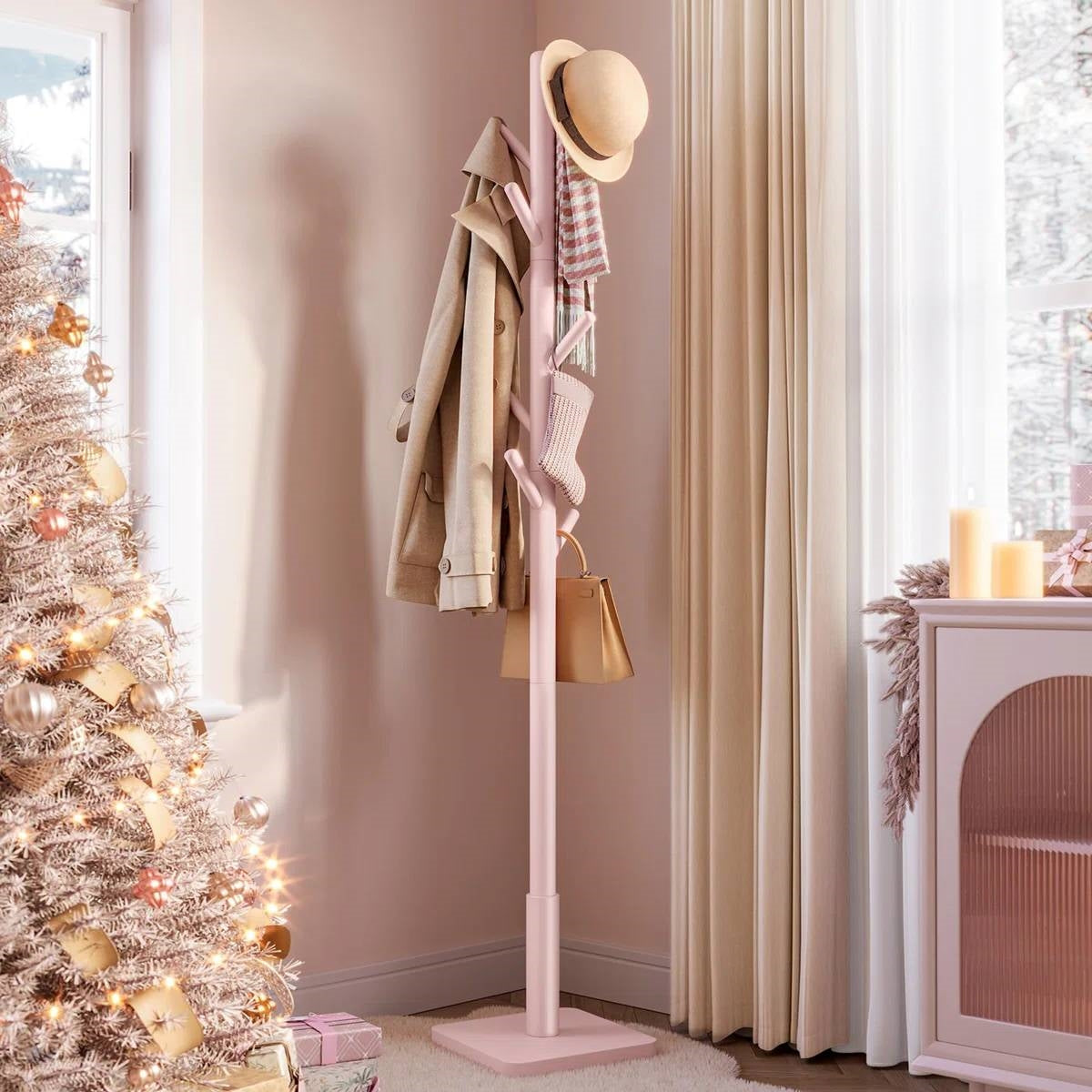 Modern Solid Wood Coat Rack Entryway Hall Tree Hat Stand in Pink