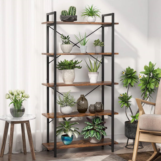 Modern Industrial 5-Shelf Bookcase with Sturdy Metal Frame and Wooden Shelves
