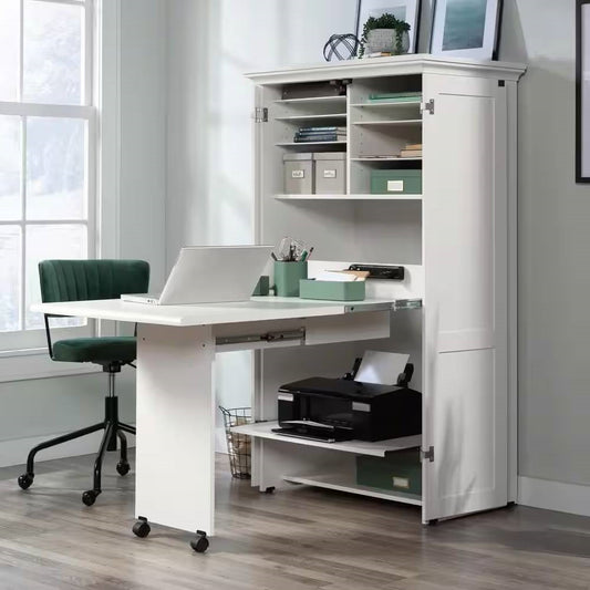Drop Leaf Computer Desk Craft Table Armoire in White Wood Finish - Made in USA