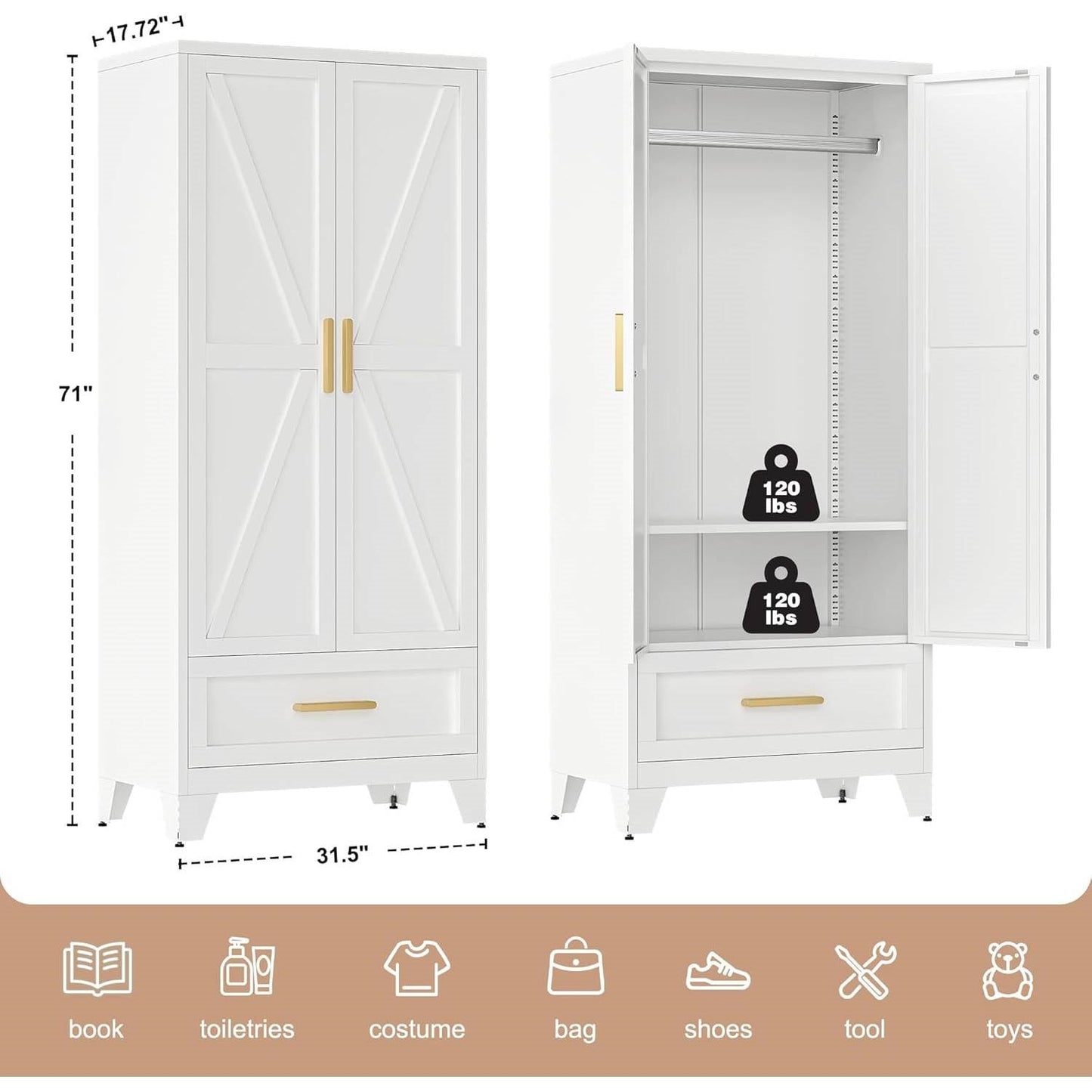 White 2-Door Wardrobe Armoire Cabinet with Storage Drawer and Hanging Rod