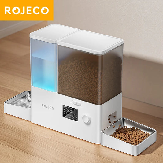 ROJECO 2-in-1 Automatic Cat Feeder with Water Dispenser (8.5L) – Timed Meals, LCD Portion Control, Anti-Tip Base