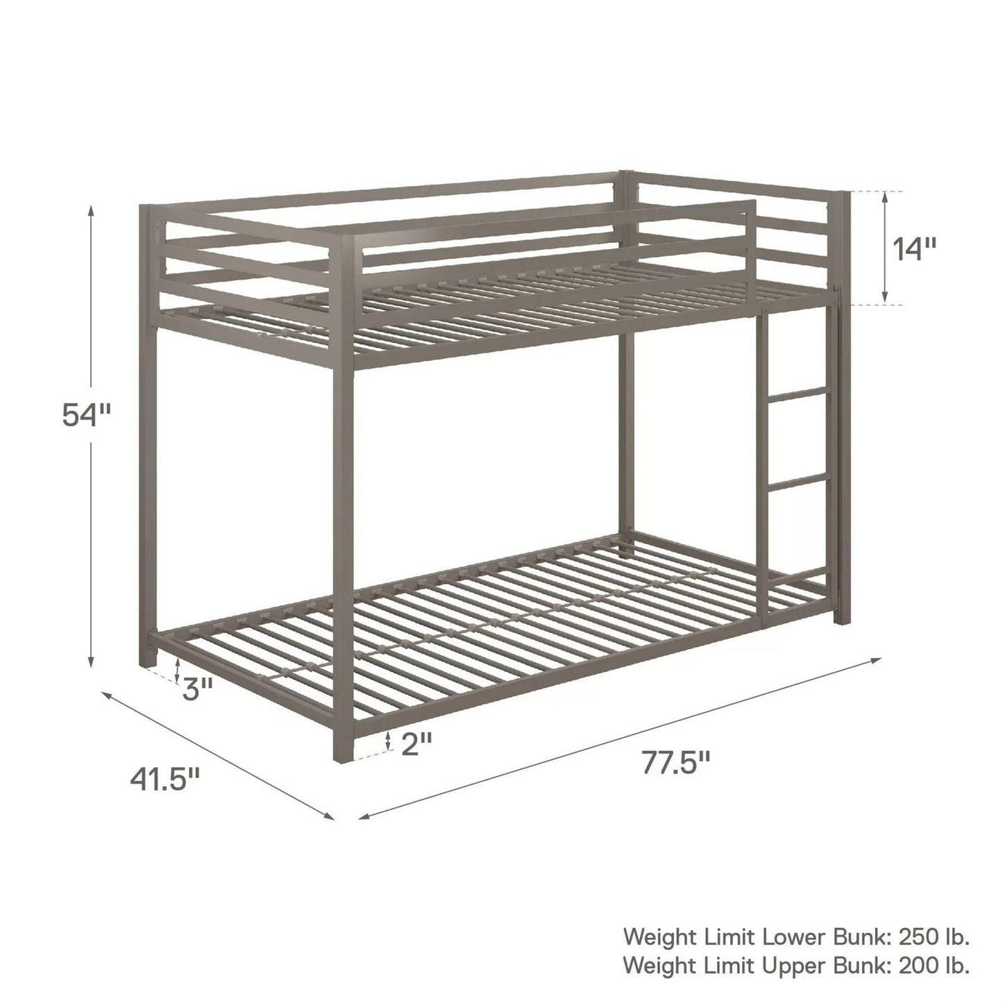 Twin over Twin size Modern Low Height Silver Grey Metal Bunk Bed