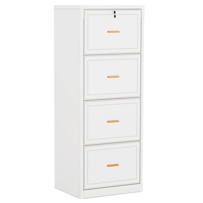Vertical File Cabinet in White Wood Finish with 4 Lockable Storage Drawers