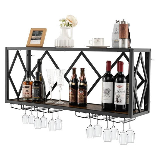 Industrial Rustic Brown Wood Metal Wall Mounted Wine Rack Shelf