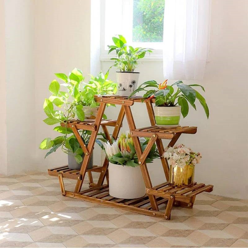 Solid Wood Triangular 6-Shelf Indoor Outdoor Flower Pot Plant Stand