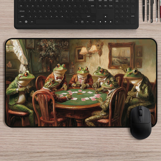 Funny Desk Mat Frogs Playing Poker | Large Desk Pad | Poker Art Office Decor | Card Player Gift |  Funny Coolidge Parody Mouse Pad