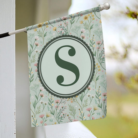 Floral Monogram Garden Flag, Custom Spring Outdoor Flag with Initial, Botanical Yard Decor, Personalized Welcome Sign for Porch or Lawn