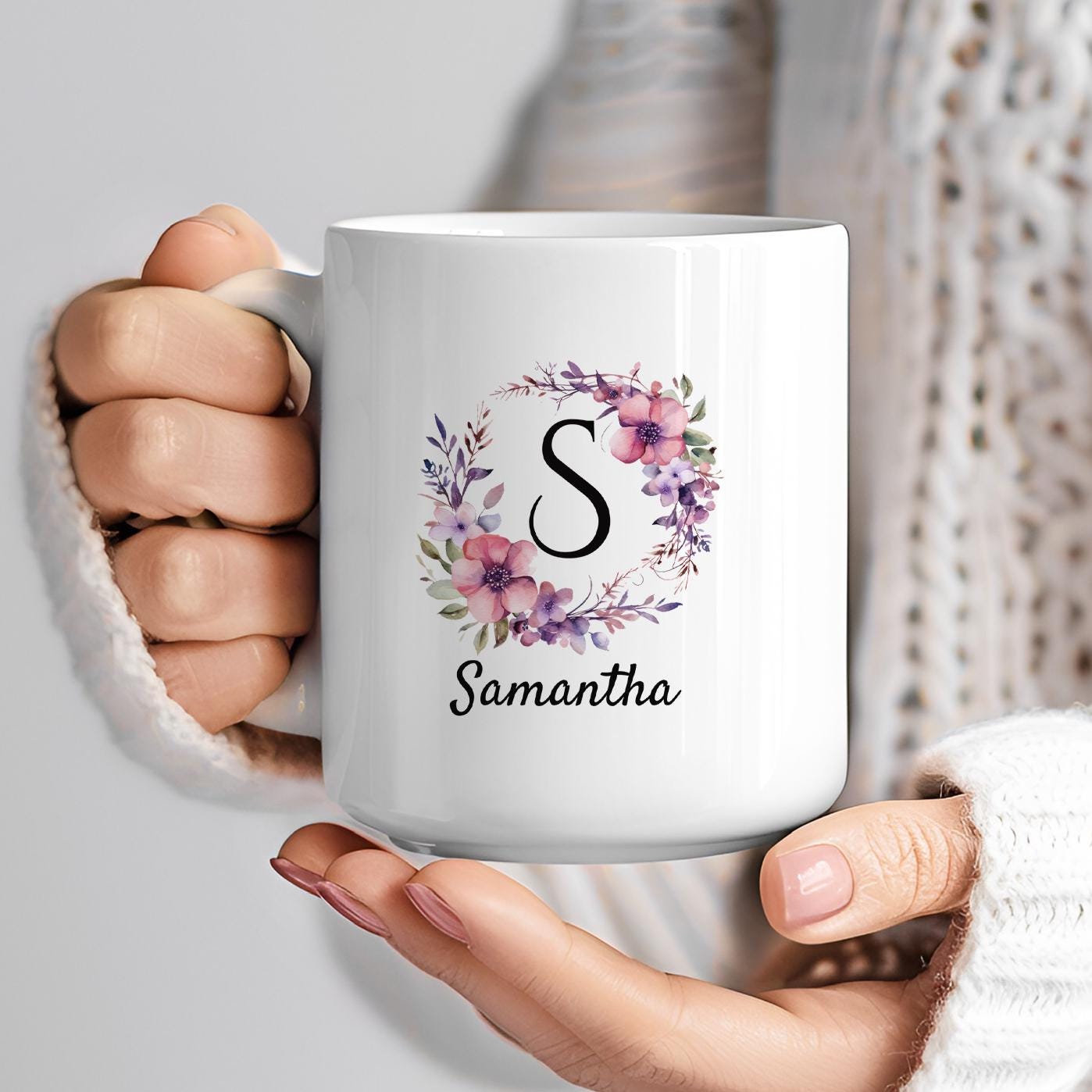 Personalized Monogram Mug with Name, Custom Initial Mug, Multiple Color Options, Floral Coffee Mug Gift, 11oz 15oz Sizes, Custom Name Cup