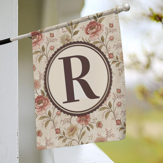 Vintage Floral Monogram Garden Flag, Custom Outdoor Yard Sign with Initial, Personalized Rustic Porch Decor, Gift for Her or Housewarming