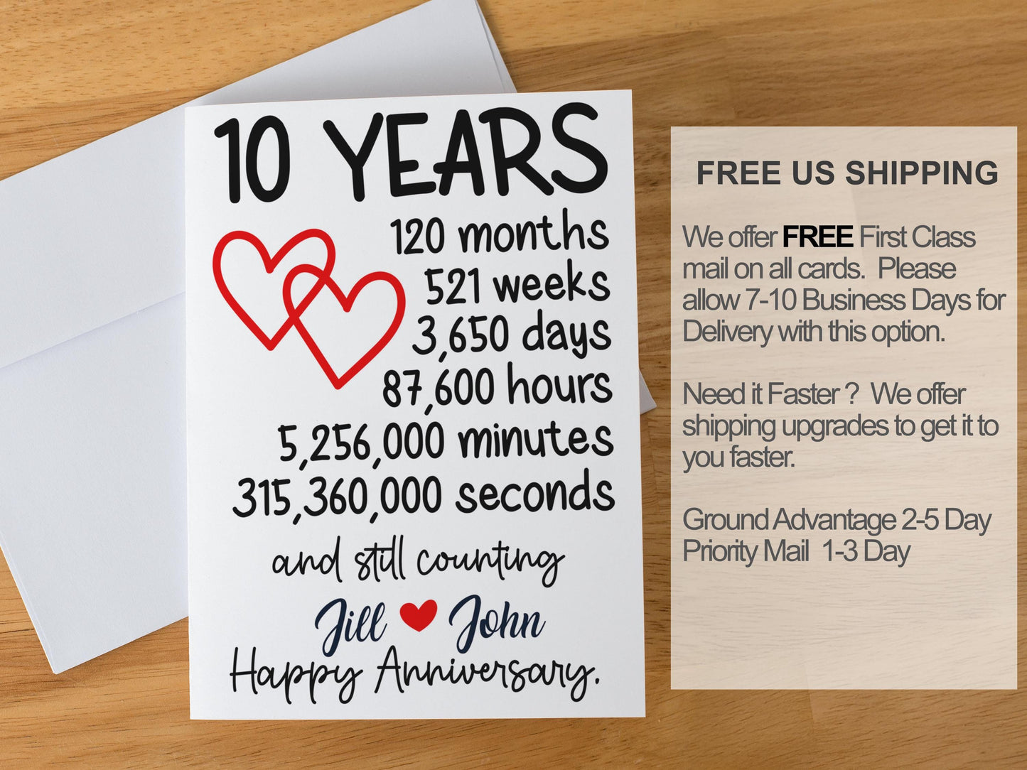 10 Year Anniversary Card, Custom Personalized Greeting, Romantic Decade Milestone, Love Celebration Card, Keepsake for Couples Gift