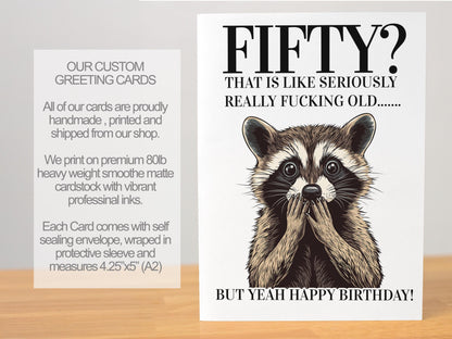 Funny Milestone Birthday Card for Him or Her, Raccoon Cursing Humor, 40th 50th 60th Card, Blank Inside, Handmade A2 Snarky Greeting