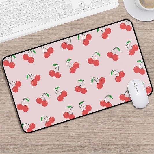 Cute Pink Cherry Mousepad, Red Cherries Gaming Mat, Cute Pink Desk Mat, Large Pink Mouse Pad, Women's Gaming Mats, Cherry Office Decor