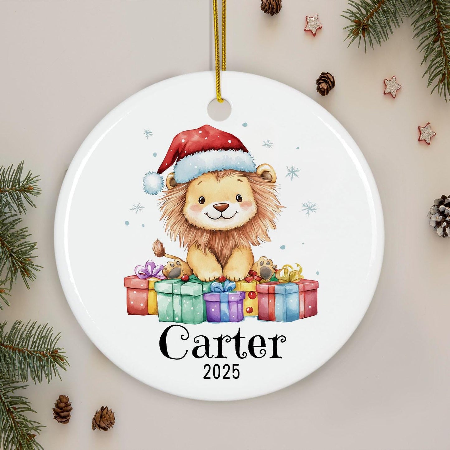 Personalized Lion Christmas Ornament, Custom Ceramic Holiday Keepsake, Kids Name Decoration, Baby First Xmas Gift, Cute Animal Decor