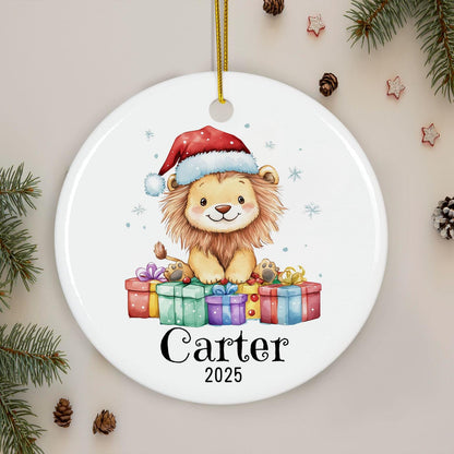 Personalized Lion Christmas Ornament, Custom Ceramic Holiday Keepsake, Kids Name Decoration, Baby First Xmas Gift, Cute Animal Decor