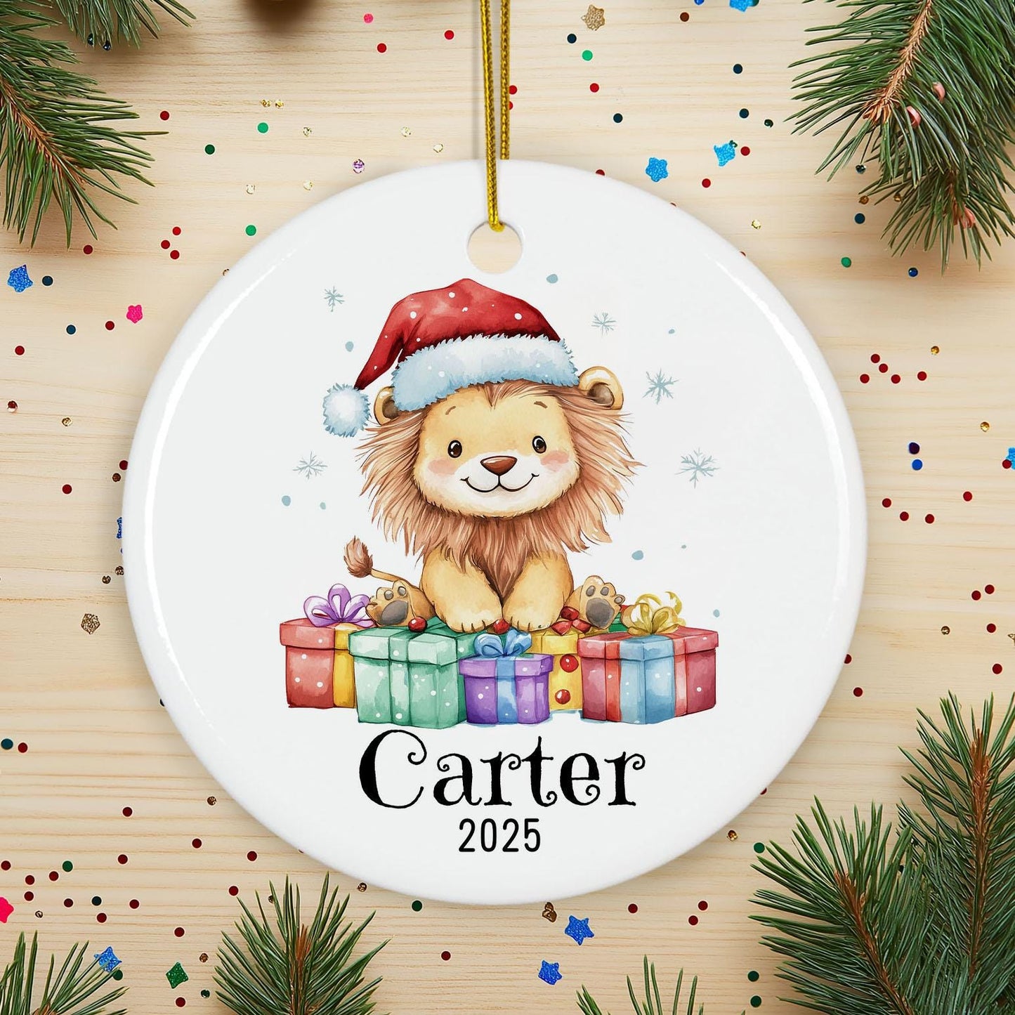 Personalized Lion Christmas Ornament, Custom Ceramic Holiday Keepsake, Kids Name Decoration, Baby First Xmas Gift, Cute Animal Decor