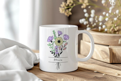 Personalized Flower Name Mug, Custom Name Coffee Mug With Boho Floral Bouquet, Gift for Her, Custom Mug for Women, Birthday Gift, Name Cup