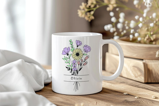 Personalized Flower Name Mug, Custom Name Coffee Mug With Boho Floral Bouquet, Gift for Her, Custom Mug for Women, Birthday Gift, Name Cup