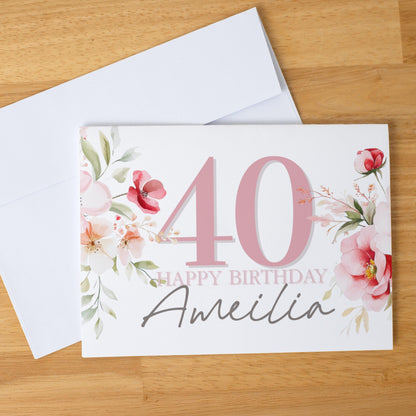 Custom Floral Birthday Card for Women, Personalized Age & Name, Elegant Handmade A2 Card, Pink Watercolor Flowers, Blank Inside