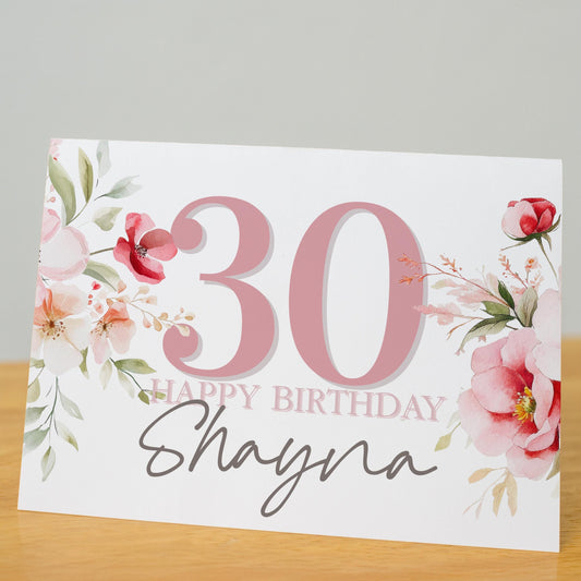 Custom Floral Birthday Card for Women, Personalized Age & Name, Elegant Handmade A2 Card, Pink Watercolor Flowers, Blank Inside