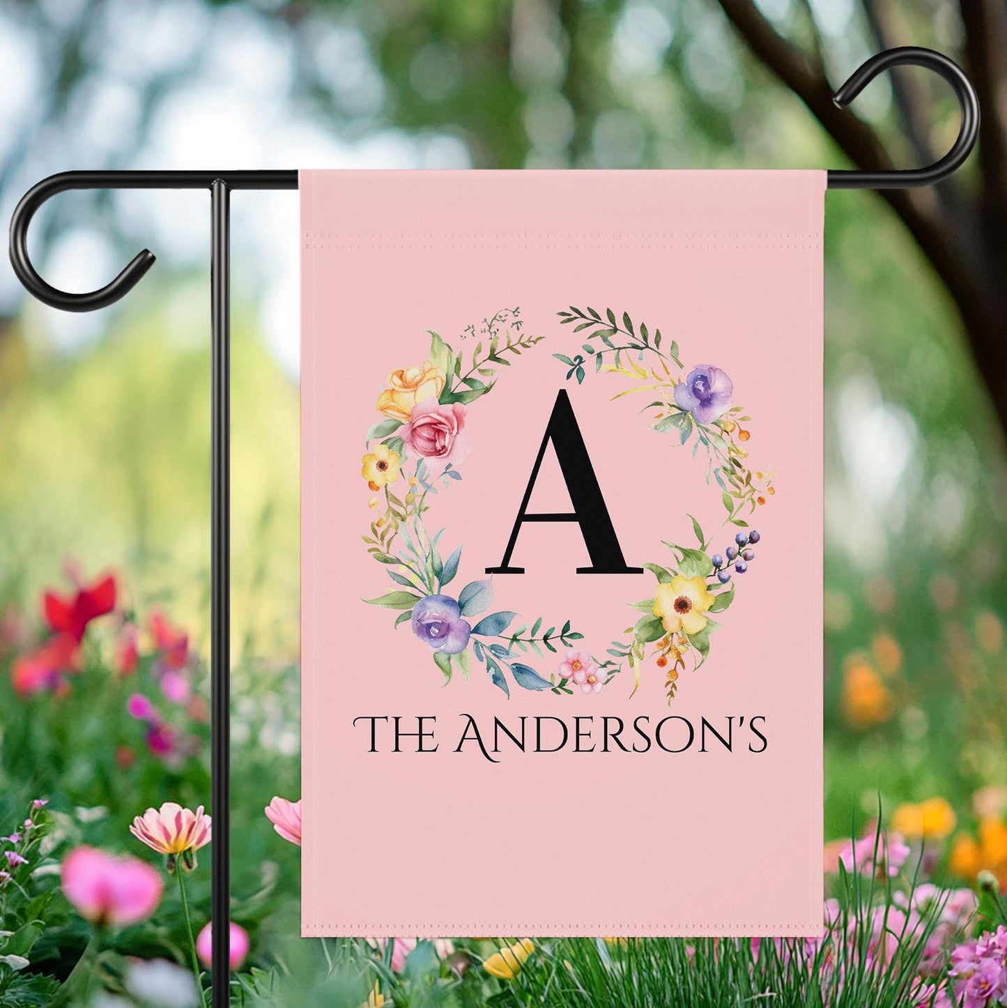 Personalized Garden Flag with Monogram Last Name, Custom Floral Outdoor Decor, Spring Yard Sign, Garden Party Banner, Bridal Shower Sign