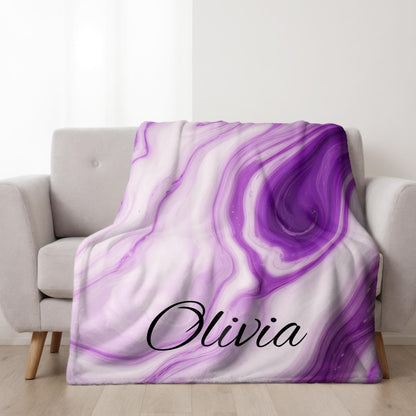 Personalized Blanket | Purple Marble Design | Custom Name Plush Throw | Velveteen Soft Fleece | Dorm Room Decor | Birthday Gift