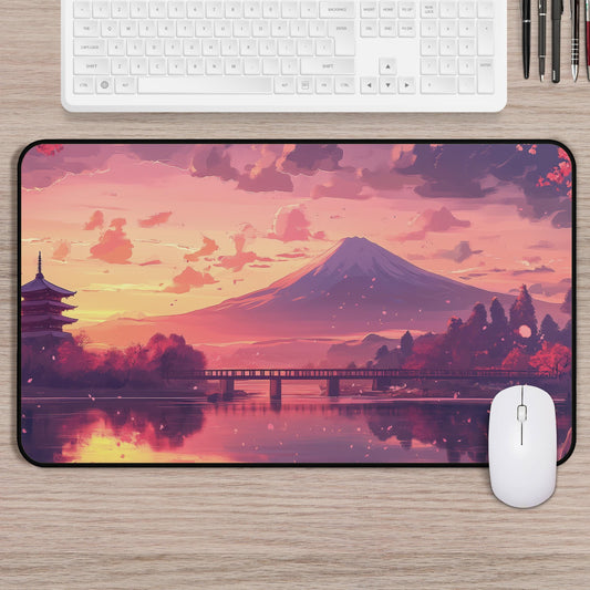 Desk Mat Japanese Sunset | Mt Fuji Cherry Blossom Mouse Pad | Anime Aesthetic Gaming Desk Pad | Pink Purple Landscape Office Accessory