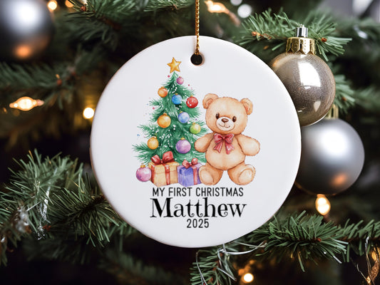 Personalized My First Christmas Ornament, Custom Name Teddy Bear & Tree Keepsake, Baby Boy Ceramic Holiday Gift, 2025 Xmas Decoration