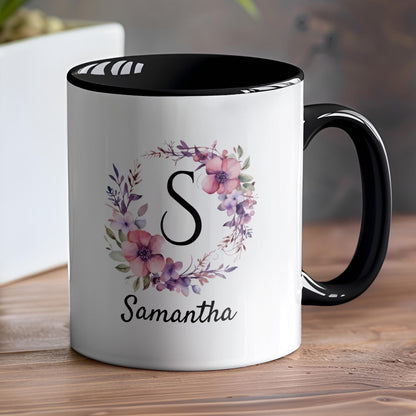 Personalized Monogram Mug with Name, Custom Initial Mug, Multiple Color Options, Floral Coffee Mug Gift, 11oz 15oz Sizes, Custom Name Cup