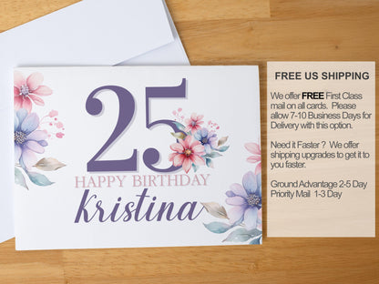 Personalized Floral Birthday Card for Her, Custom Age & Name Greeting, Purple Pastel Flowers, Handmade A2 Card, Blank Inside, Elegant