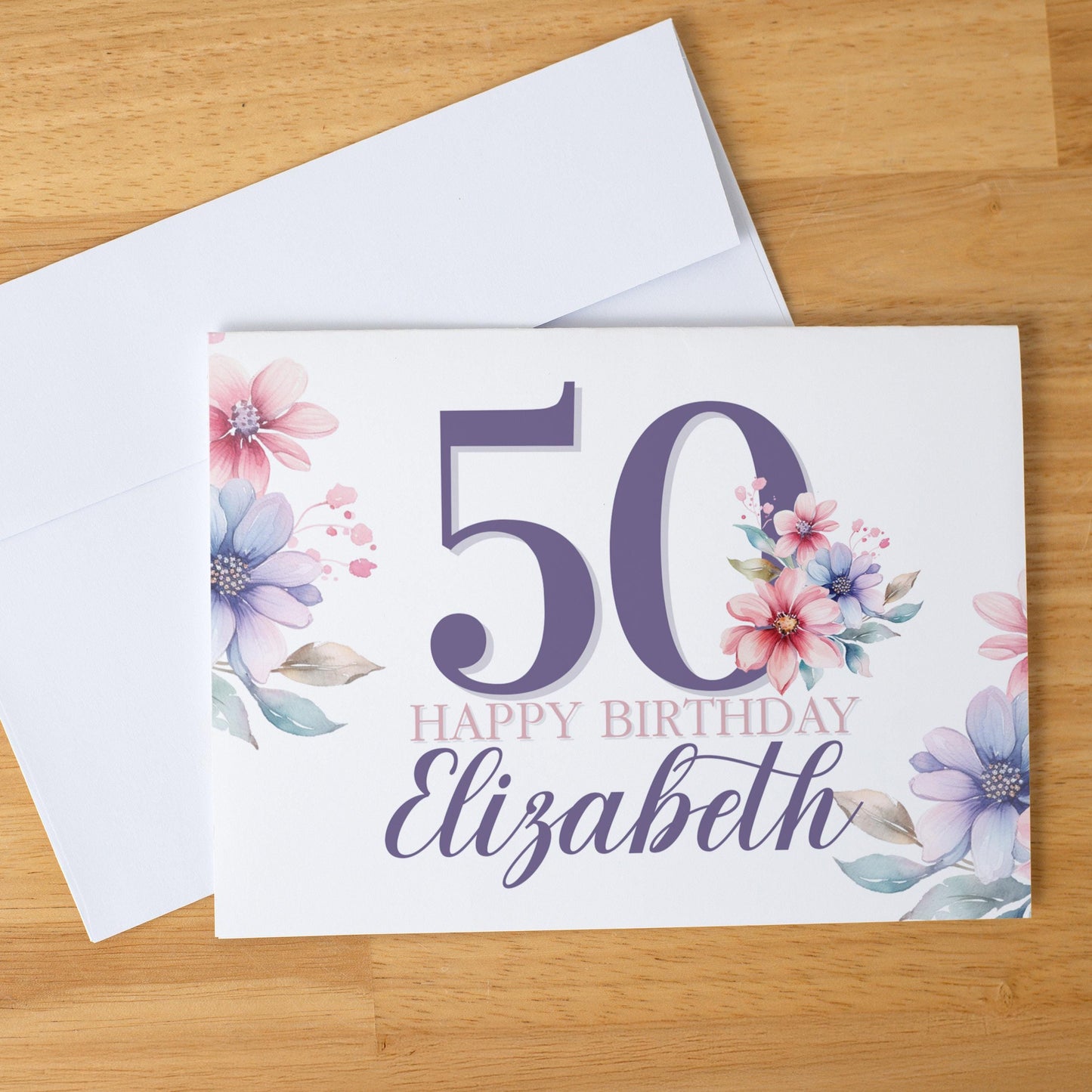 Personalized Floral Birthday Card for Her, Custom Age & Name Greeting, Purple Pastel Flowers, Handmade A2 Card, Blank Inside, Elegant