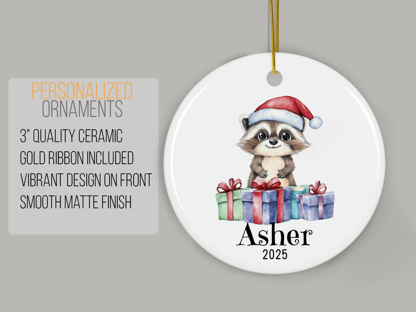 Personalized Raccoon Christmas Ornament, Custom Name Ceramic Keepsake, Kids Holiday Gift, Cute Woodland Animal Decor, Xmas Tree Gift
