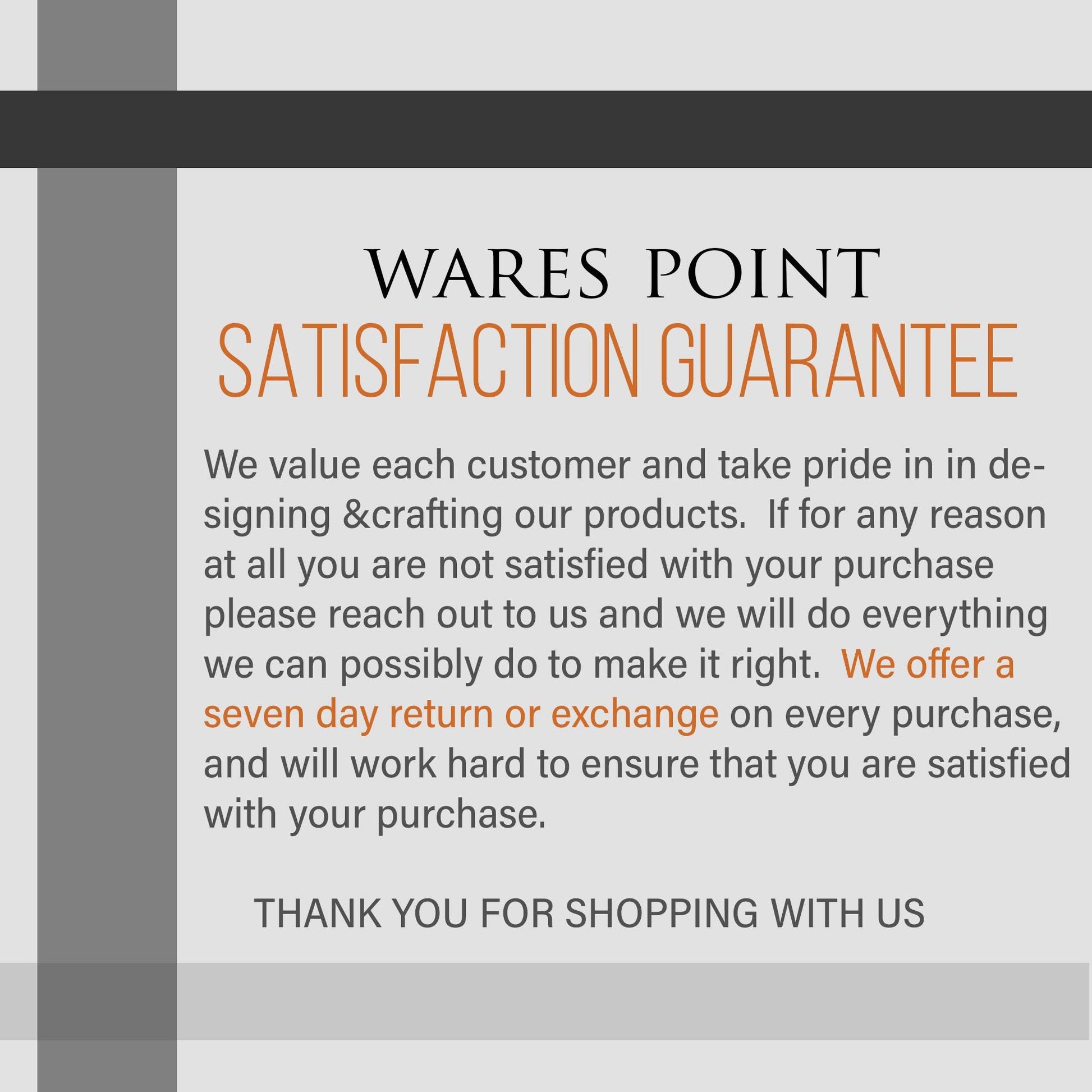 a sign that says, wares point satisfaction guarantee