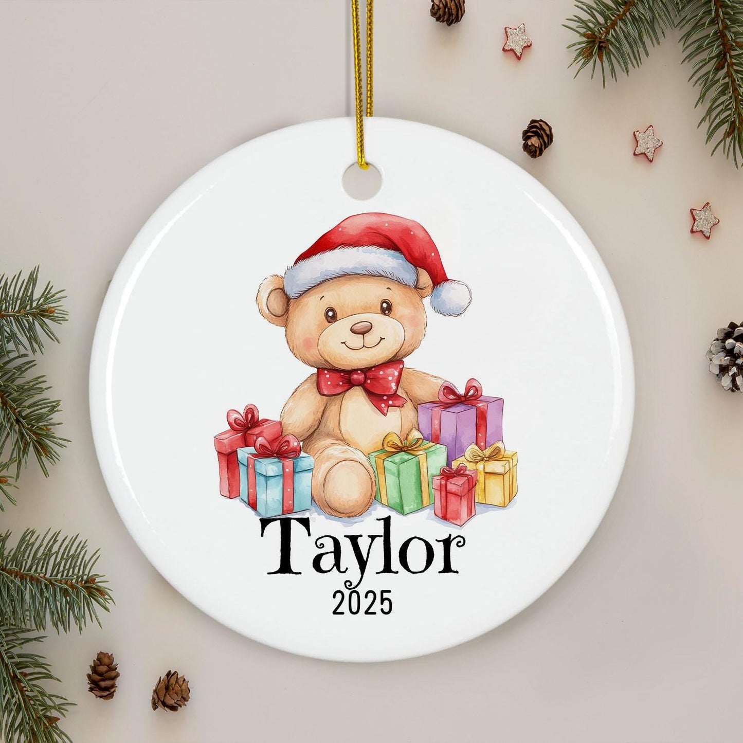 Personalized Teddy Bear Christmas Ornament, Custom Ceramic Holiday Keepsake, Baby First Xmas Gift, Kids Name Decoration, Tree Decor