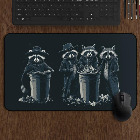 Raccoon Gang Mousepad | Funny Trash Panda Computer Gaming Desk Mat | Raccoons in Coats Art Gift for Gamers | Dark Desk Decor