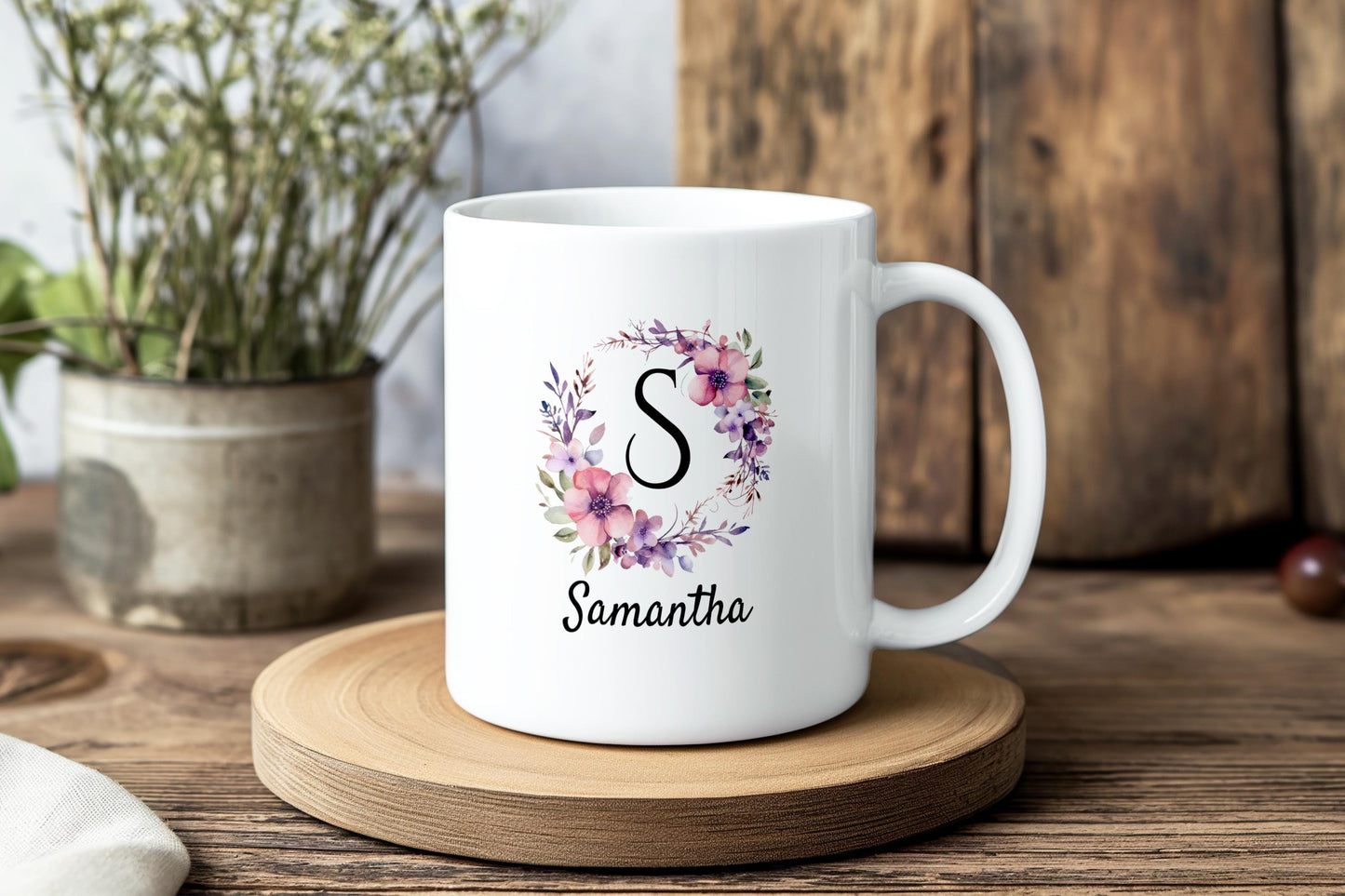 Personalized Monogram Mug with Name, Custom Initial Mug, Multiple Color Options, Floral Coffee Mug Gift, 11oz 15oz Sizes, Custom Name Cup