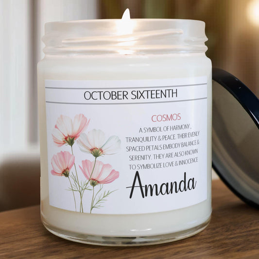 Personalized Birth Flower, Birthdate Candle,  Custom Birth Month Flower Gift, Womens Candle with Name, Custom Birthday Gifts for Her