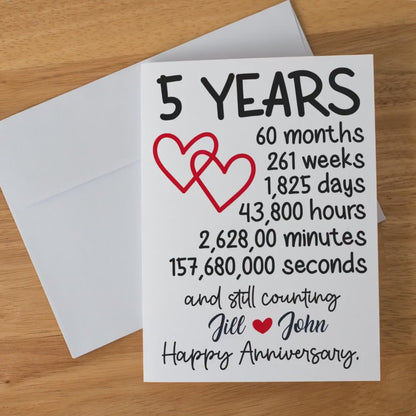 5 Year Anniversary Card, Personalized Anniversary Gift, Romantic Milestone Card, Custom Love Greeting, Anniversary Keepsake, Couple Card