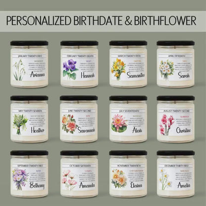 Personalized Birth Flower, Birthdate Candle,  Custom Birth Month Flower Gift, Womens Candle with Name, Custom Birthday Gifts for Her