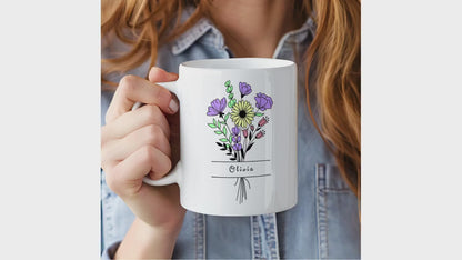 Personalized Flower Name Mug, Custom Name Coffee Mug With Boho Floral Bouquet, Gift for Her, Custom Mug for Women, Birthday Gift, Name Cup