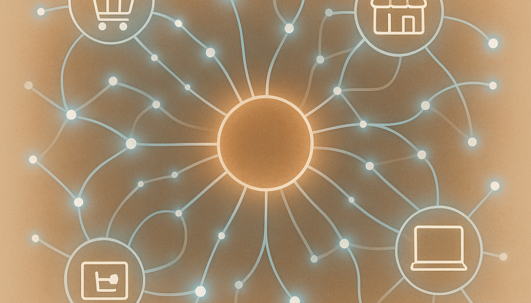 An editorial photograph or clean illustration depicting: A creative visual scene depicting a digital marketplace as a bustling, interconnected network of glowing nodes and pathways, symbolizing the flow of information and commerce. The scene should be set