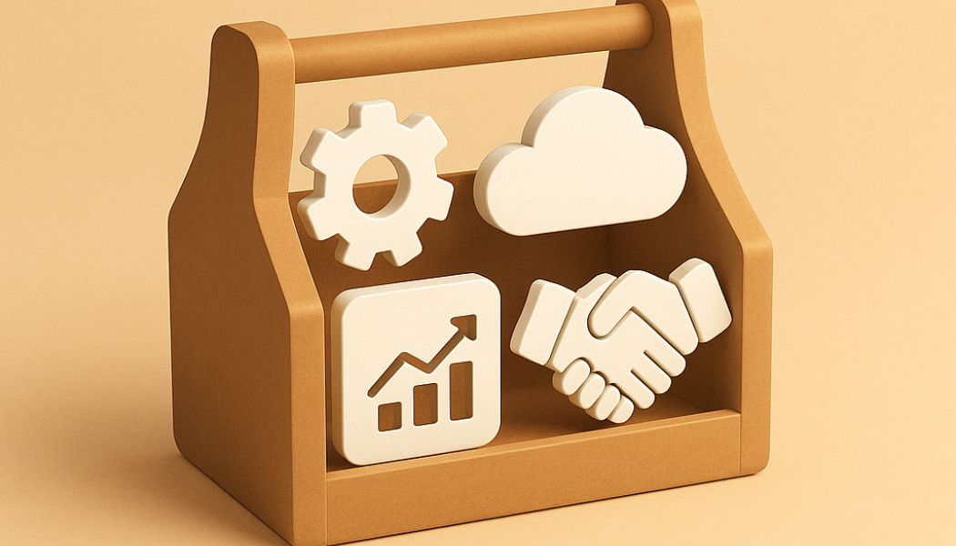 An editorial photograph or clean illustration depicting: A conceptual image of a toolbox filled with digital icons representing various business tools, set against a warm beige/sand background. The toolbox is open, with icons like a gear, cloud, chart, an