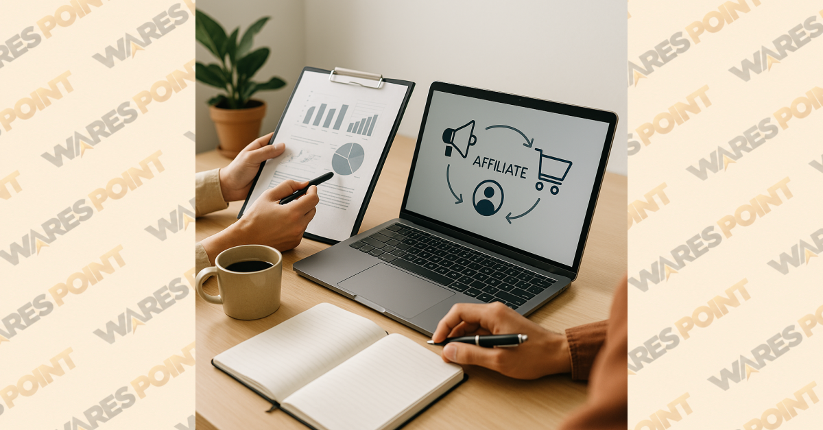 Person reviewing charts beside a laptop displaying an affiliate marketing diagram with promotion, customer, and shopping cart icons.