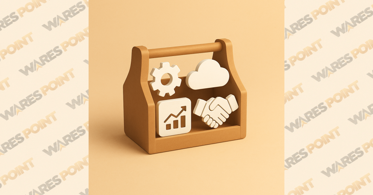 An editorial photograph or clean illustration depicting: A conceptual image of a toolbox filled with digital icons representing various business tools, set against a warm beige/sand background. The toolbox is open, with icons like a gear, cloud, chart, an