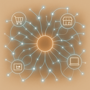 Connected shopping cart, storefront, and laptop icons representing a digital marketplace.