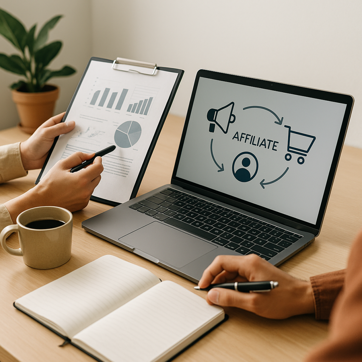 An editorial photograph or clean illustration depicting: Understanding Affiliate Marketing: A Practical Guide for Beginners. Style requirements: Create professional, editorial-quality photography or clean digital illustrations for Wares Point.Aesthetic 